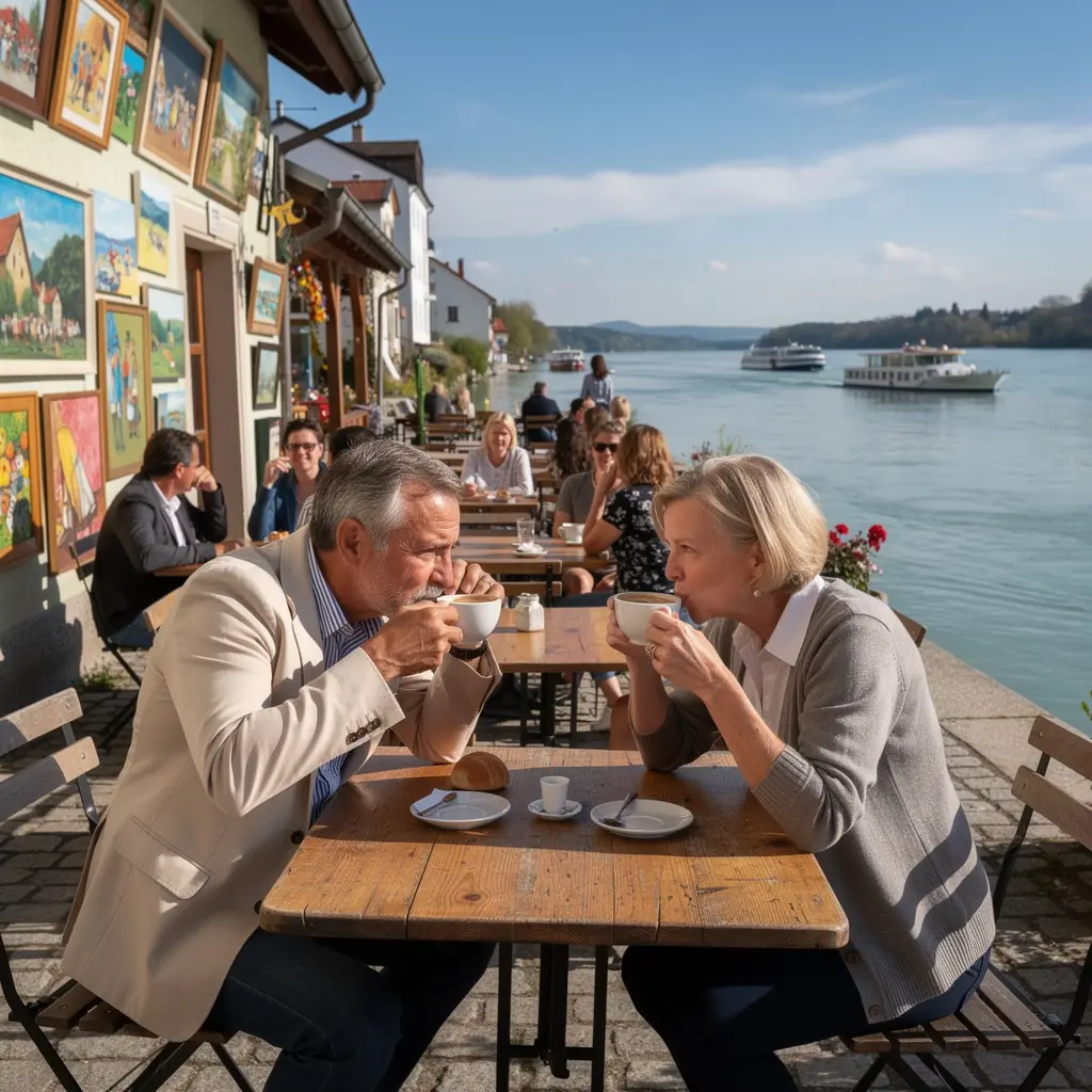 Gemütliche Wohnanlagen am Flussufer der Donau.