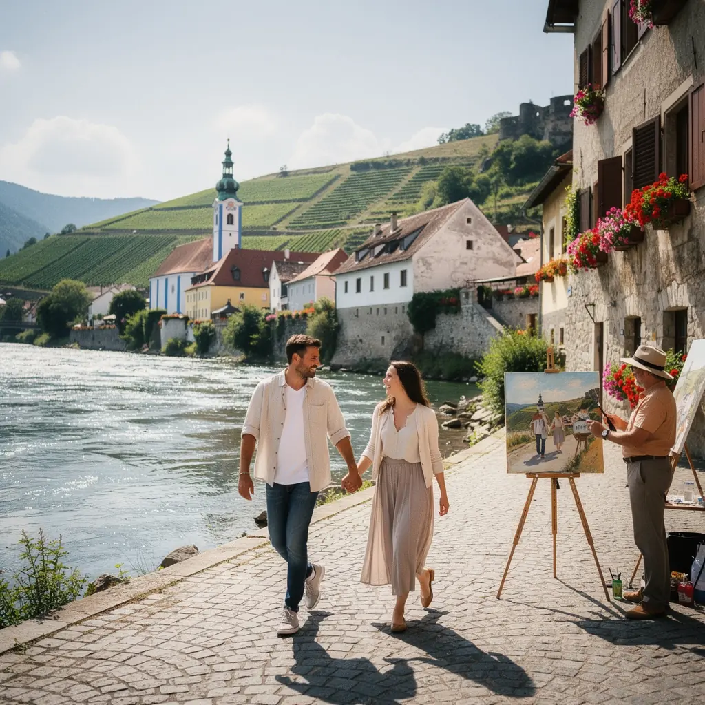 Schöne Aussicht auf eine malerische Stadt entlang des Flusses.