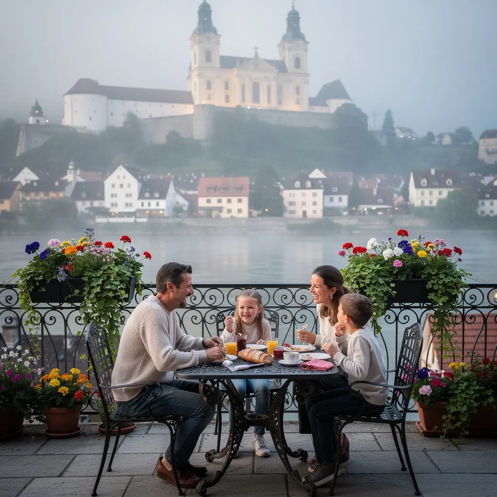 Blick auf die Donau mit historischen Gebäuden im Hintergrund.