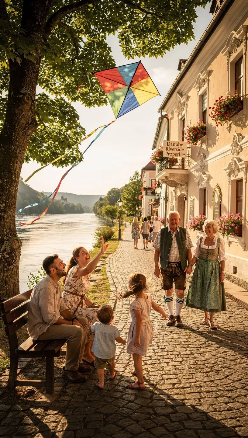 Blick auf die Donau mit malerischen historischen Gebäuden am Ufer.