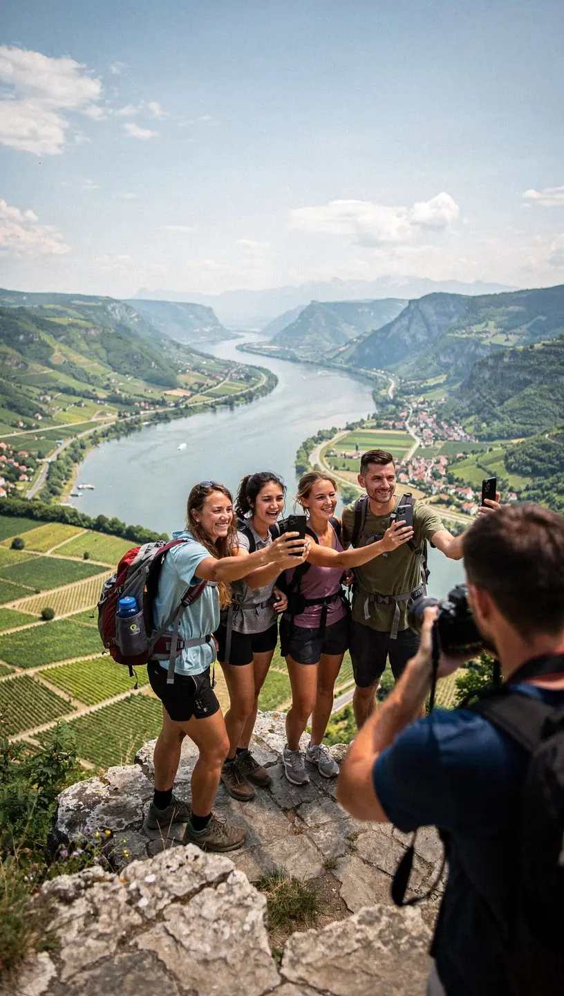 Einladende Terrasse mit Blick auf die vorbeifahrenden Schiffe auf der Donau.