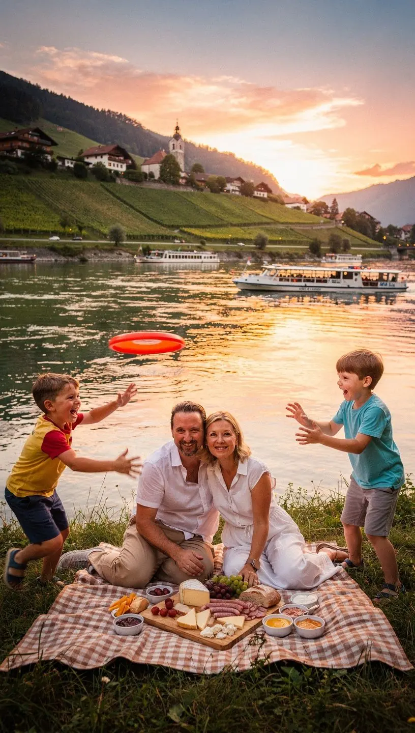 Lebendige Marktszene in einer historischen Stadt am Flussufer.